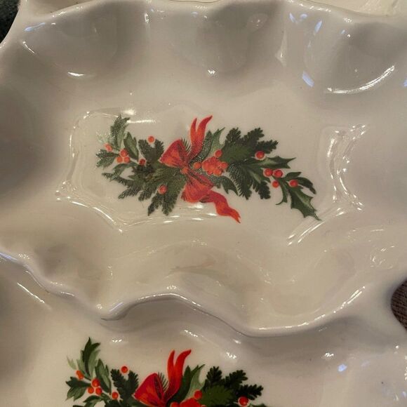Handmade Christmas 3-section ceramic decorative dish 10" x 5.5" - Picture 2 of 7